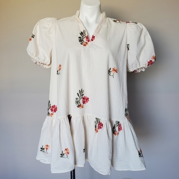 ChouChou Embroidered Cottagecore Grannycore Tunic Top Puff Sleeve Mini Dress - Picture 1 of 11
